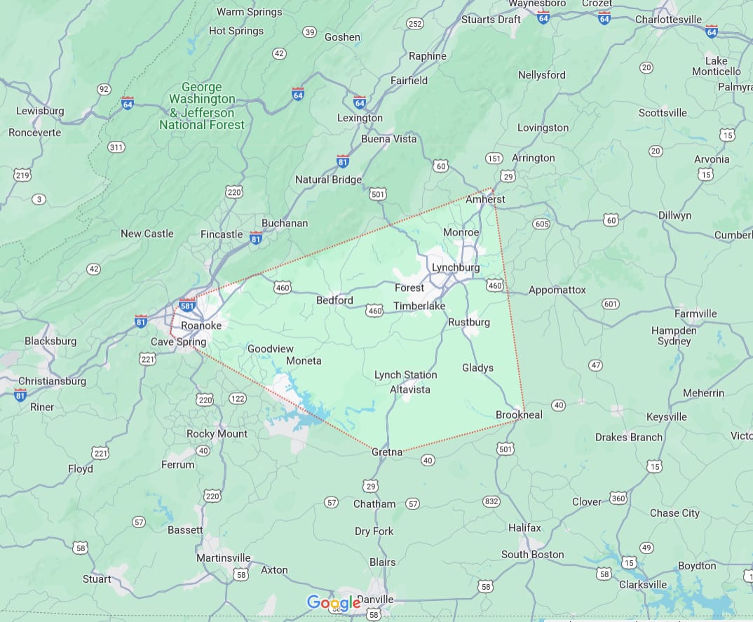 A map highlighting Bedford County, Virginia, with surrounding areas labeled and main roads visible.